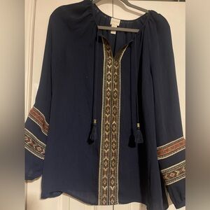 Chico’s | Navy Bohemian Blouse with Embroidered Details